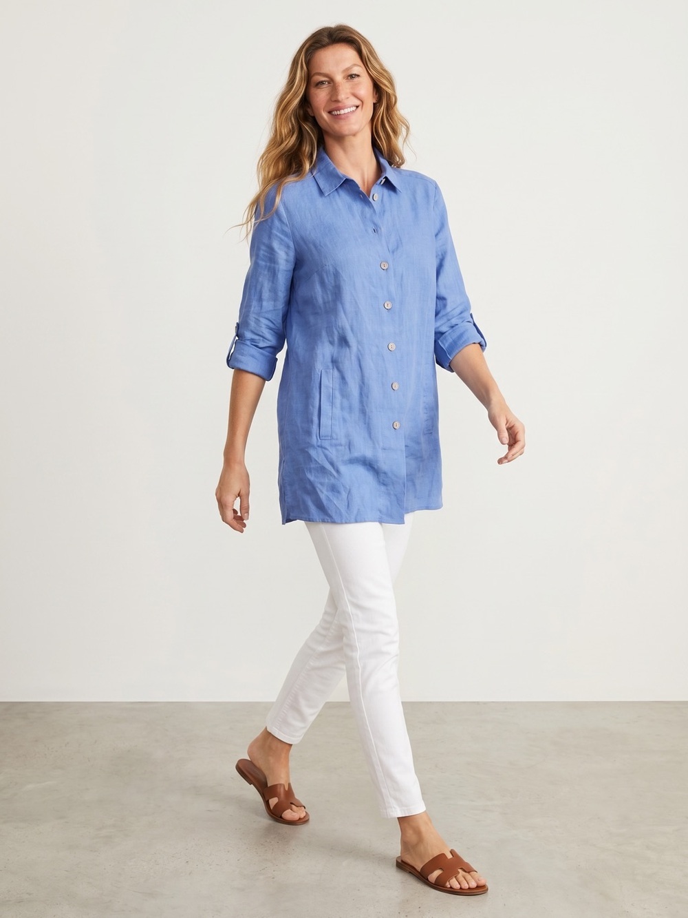 🌻Soft Surroundings Blue Linen Lagenlook Minimalist Tabbed Sleeve Tunic Medium